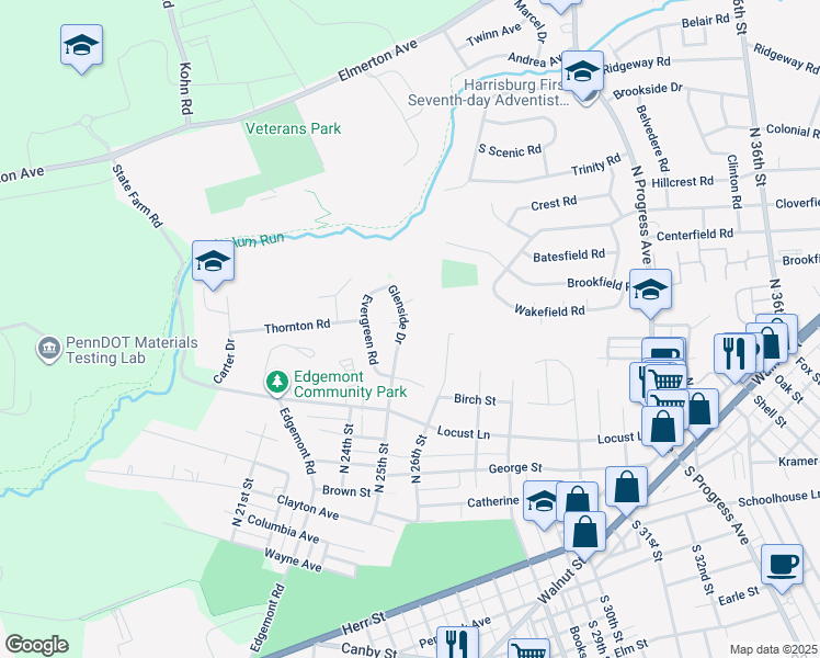map of restaurants, bars, coffee shops, grocery stores, and more near 1721 Glenside Drive in Harrisburg