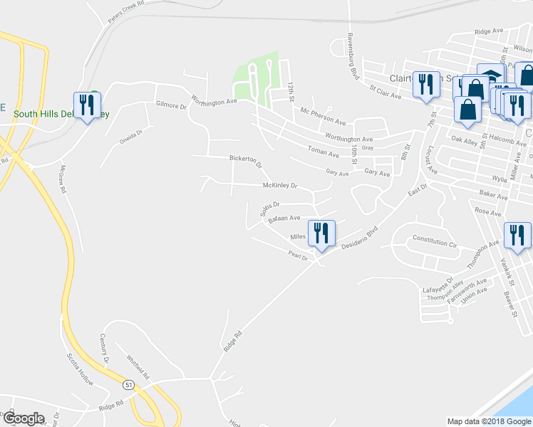 map of restaurants, bars, coffee shops, grocery stores, and more near 5506 Soltis Drive in Clairton