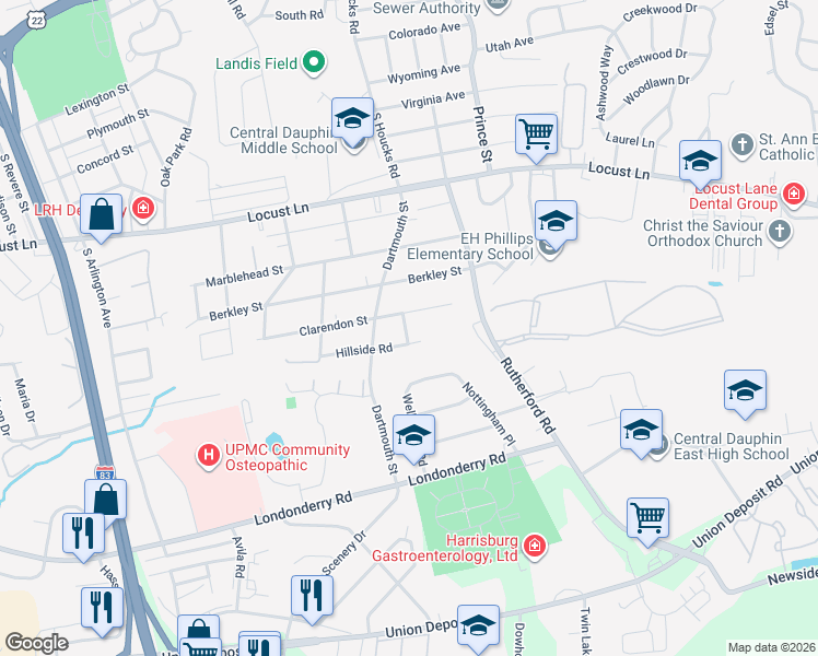 map of restaurants, bars, coffee shops, grocery stores, and more near 412 Calvert Street in Harrisburg