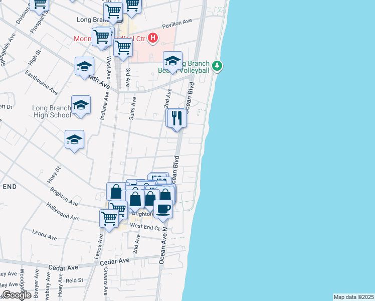 map of restaurants, bars, coffee shops, grocery stores, and more near 26 Avery Avenue in Long Branch