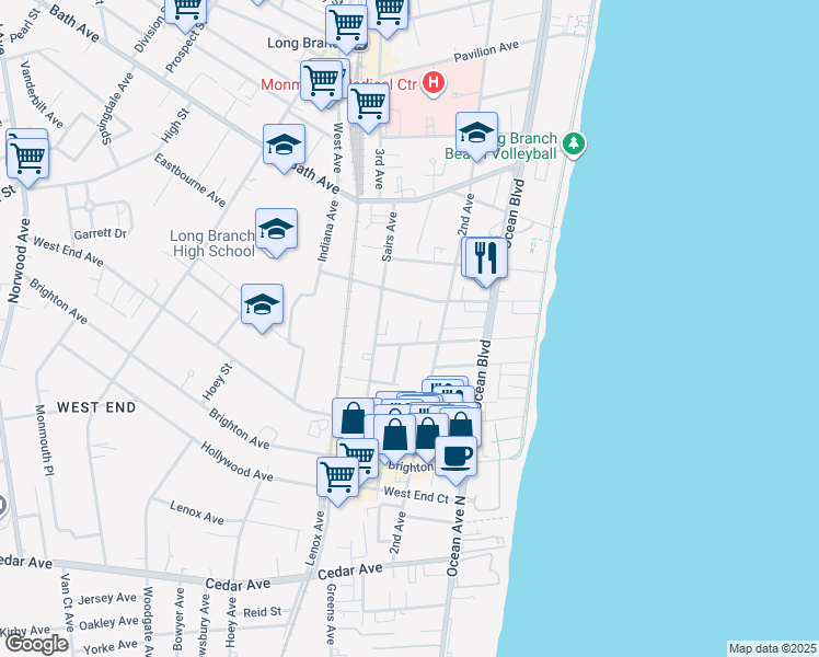 map of restaurants, bars, coffee shops, grocery stores, and more near 101 Avery Avenue in Long Branch