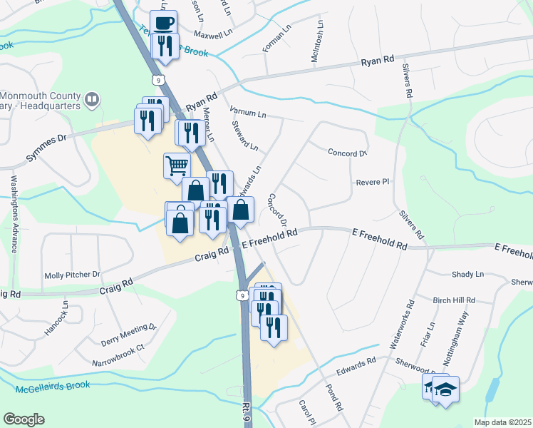map of restaurants, bars, coffee shops, grocery stores, and more near 82 Congress Court in Freehold