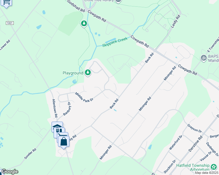 map of restaurants, bars, coffee shops, grocery stores, and more near 340 Middle Park Drive in Souderton