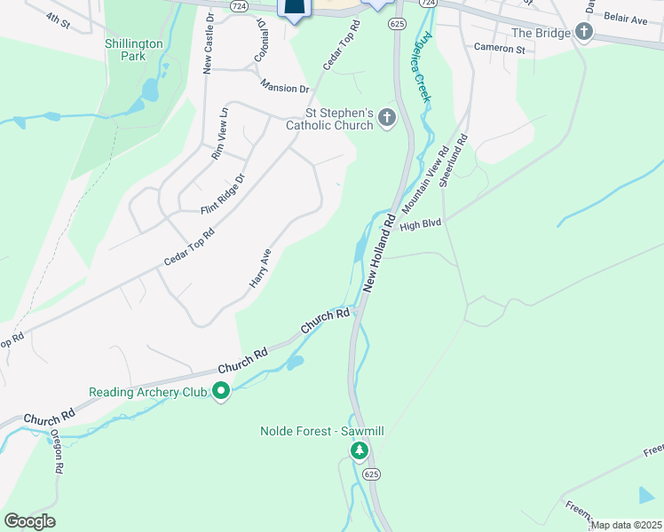 map of restaurants, bars, coffee shops, grocery stores, and more near 1075 Church Road in Reading