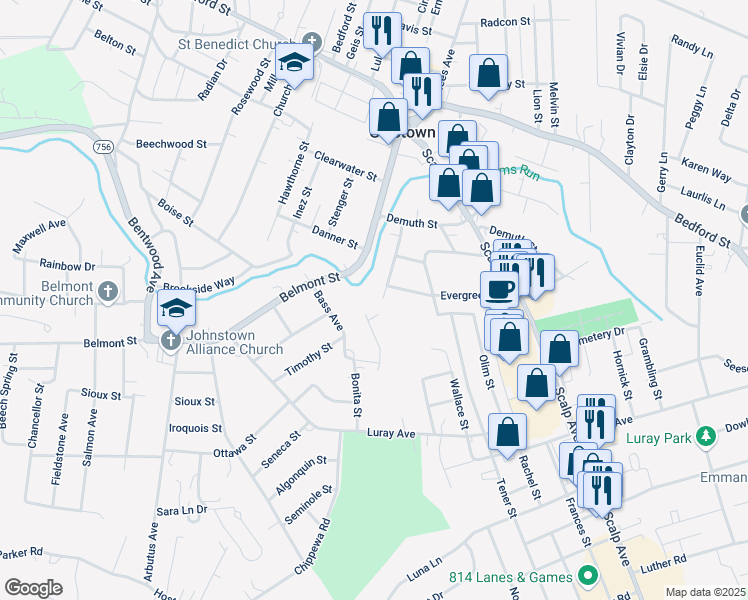 map of restaurants, bars, coffee shops, grocery stores, and more near 59 Merchant Avenue in Johnstown