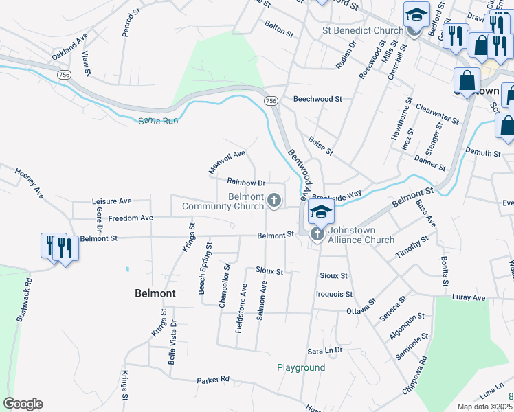 map of restaurants, bars, coffee shops, grocery stores, and more near 101-111 Coldren St in Johnstown