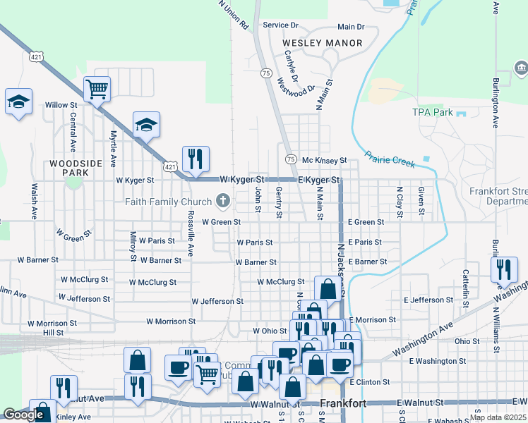 map of restaurants, bars, coffee shops, grocery stores, and more near 951 John St in Frankfort