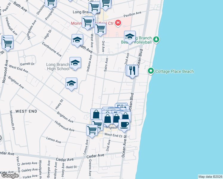map of restaurants, bars, coffee shops, grocery stores, and more near 101 Avery Avenue in Long Branch
