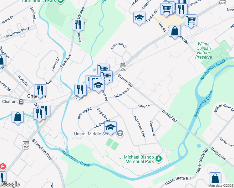 map of restaurants, bars, coffee shops, grocery stores, and more near 215 Hibiscus Drive in Chalfont