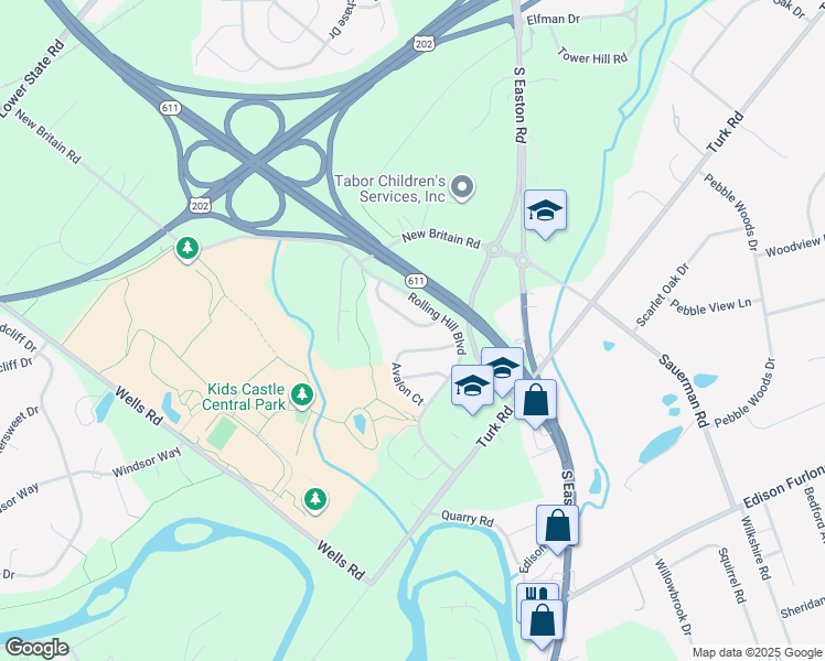 map of restaurants, bars, coffee shops, grocery stores, and more near 42 Charter Oak Court in Doylestown