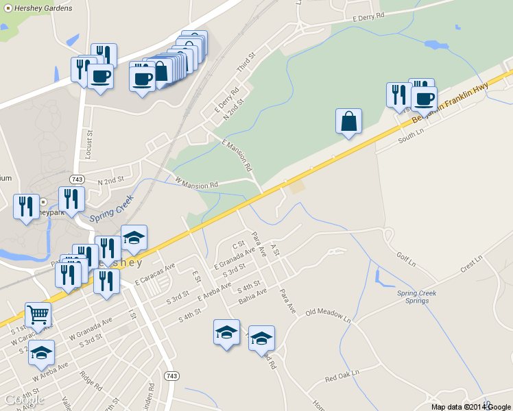 map of restaurants, bars, coffee shops, grocery stores, and more near 340 East Chocolate Avenue in Hershey