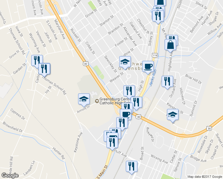 map of restaurants, bars, coffee shops, grocery stores, and more near 830 Cribbs Street in Greensburg