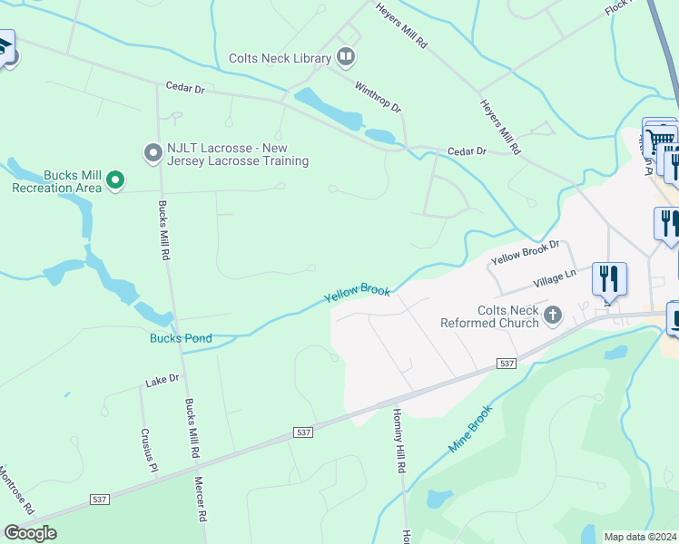 map of restaurants, bars, coffee shops, grocery stores, and more near 7 Bluebell Road in Colts Neck
