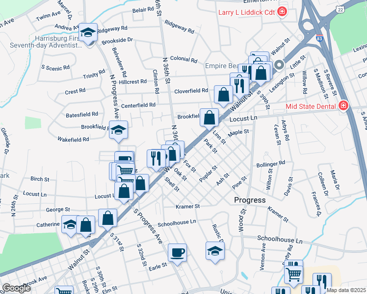 map of restaurants, bars, coffee shops, grocery stores, and more near 3602 Walnut Street in Harrisburg