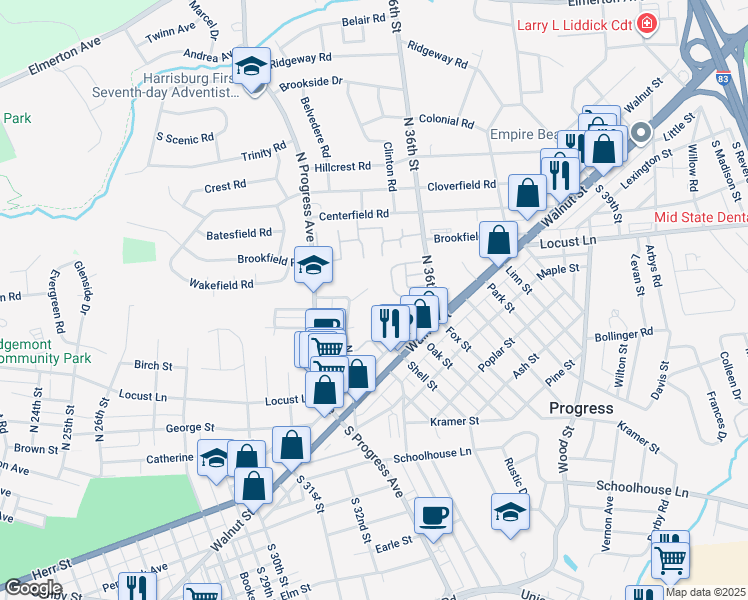 map of restaurants, bars, coffee shops, grocery stores, and more near 109 N 34th St in Harrisburg