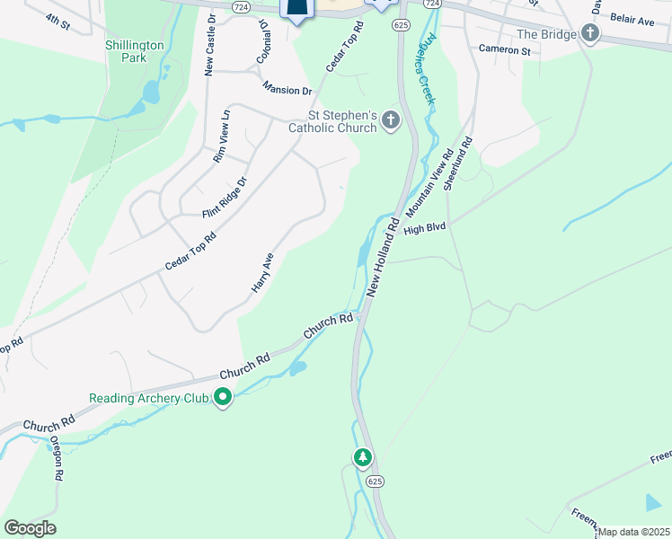 map of restaurants, bars, coffee shops, grocery stores, and more near 1075 Church Road in Reading