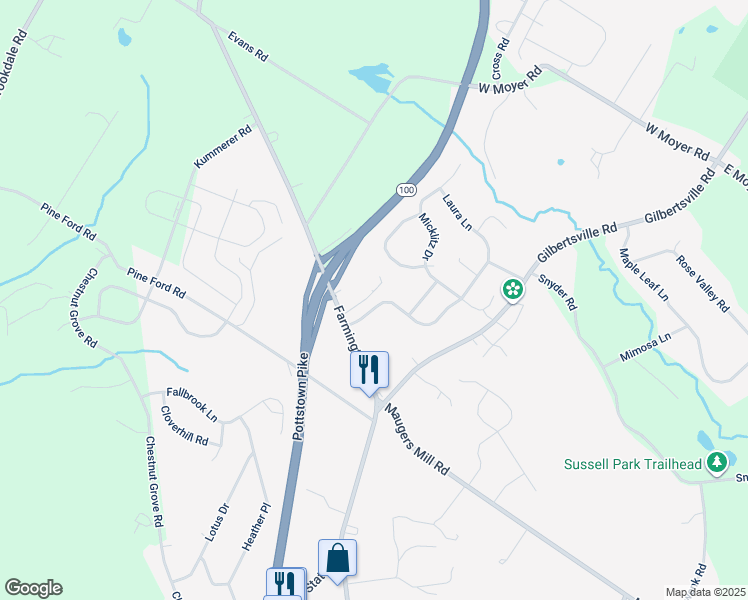 map of restaurants, bars, coffee shops, grocery stores, and more near 1475 Laura Lane in Pottstown