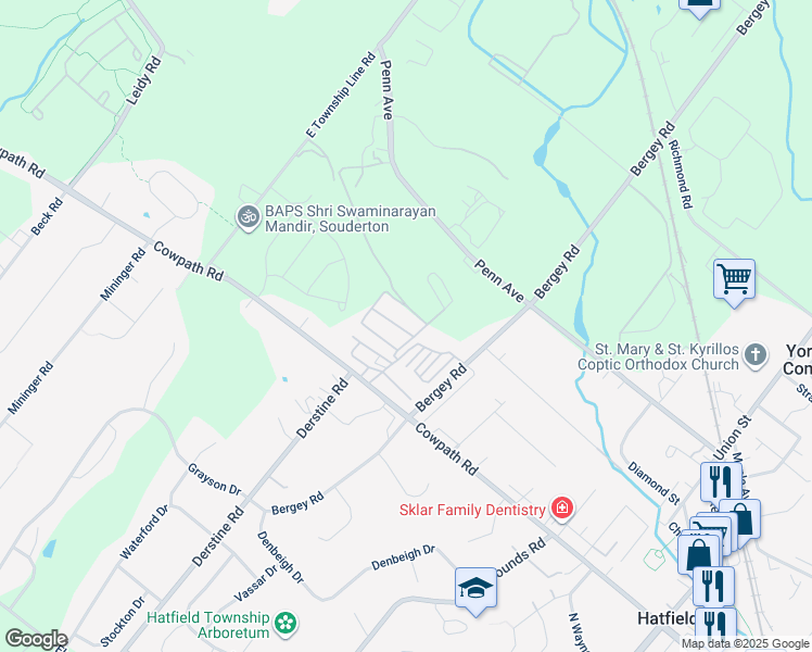 map of restaurants, bars, coffee shops, grocery stores, and more near 5 Mansion Avenue in Hatfield
