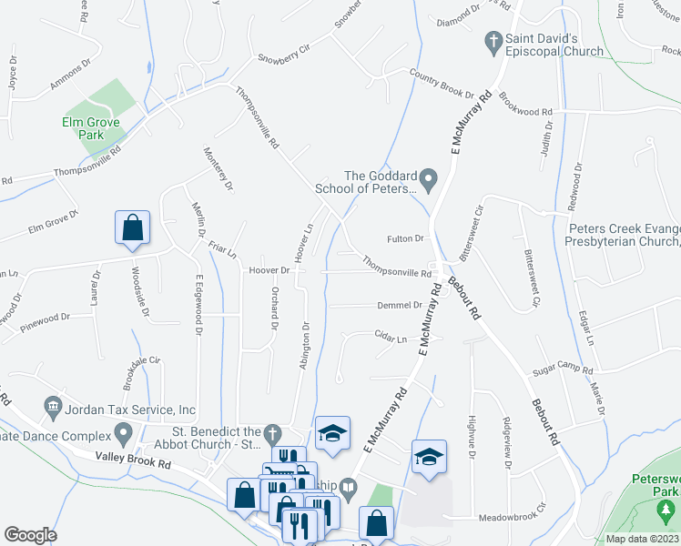 map of restaurants, bars, coffee shops, grocery stores, and more near 124 Parkwood Lane in McMurray