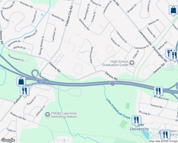 map of restaurants, bars, coffee shops, grocery stores, and more near 104 Denow Road in Lawrence Township