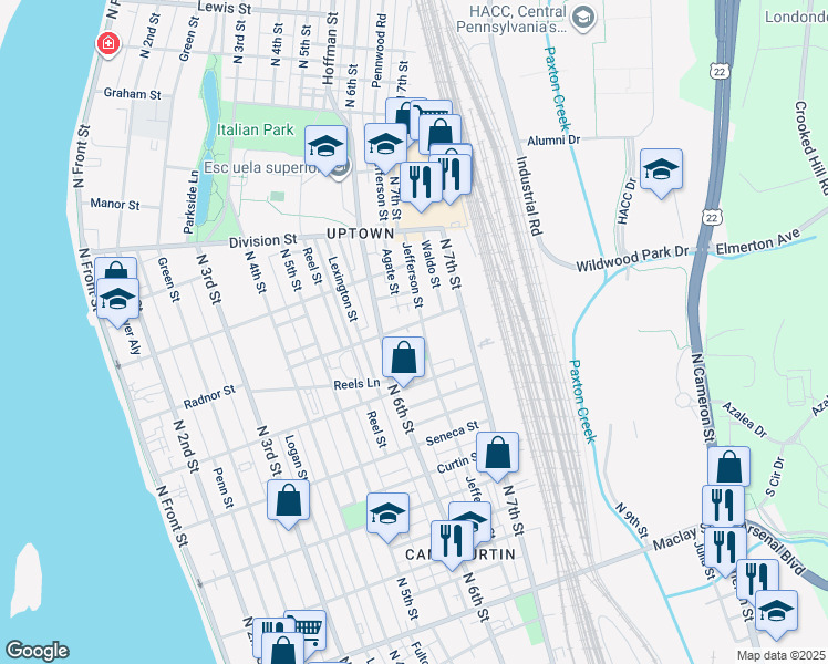 map of restaurants, bars, coffee shops, grocery stores, and more near 2552 Jefferson St in Harrisburg