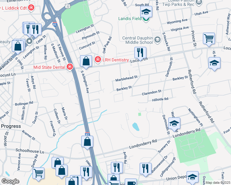 map of restaurants, bars, coffee shops, grocery stores, and more near 4302 Richland Avenue in Harrisburg