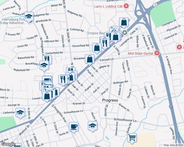 map of restaurants, bars, coffee shops, grocery stores, and more near 62 Park Street in Harrisburg