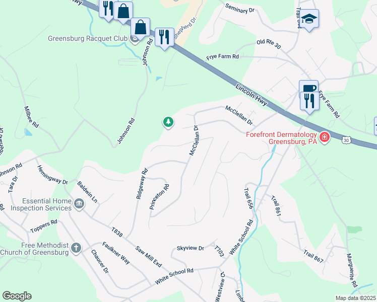 map of restaurants, bars, coffee shops, grocery stores, and more near 3106 McClellan Drive in Greensburg