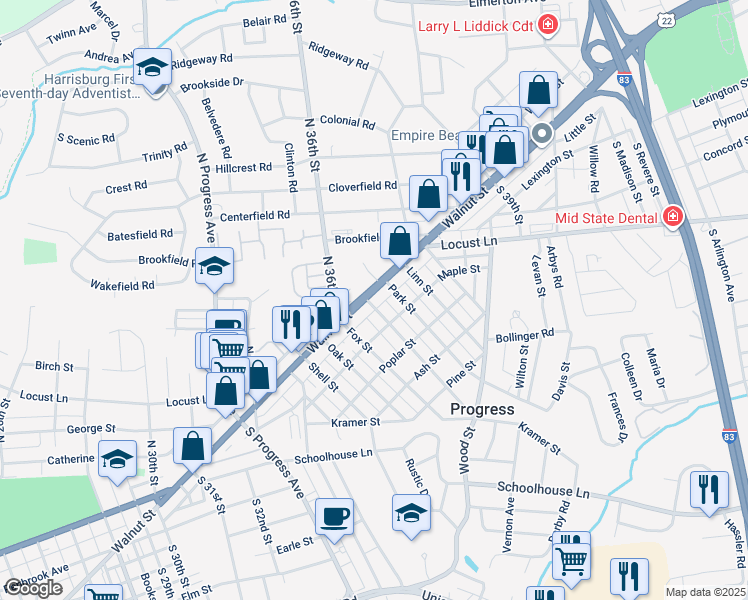 map of restaurants, bars, coffee shops, grocery stores, and more near 6 Fishburn Street in Harrisburg