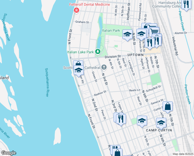map of restaurants, bars, coffee shops, grocery stores, and more near 2701 Green Street in Harrisburg