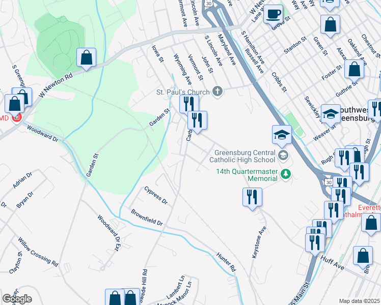 map of restaurants, bars, coffee shops, grocery stores, and more near 421 Buckeye Street in Greensburg