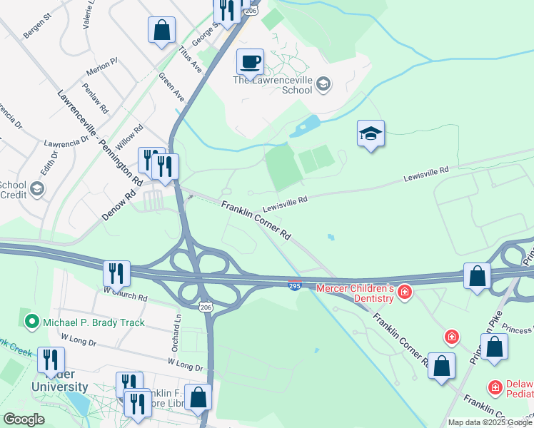 map of restaurants, bars, coffee shops, grocery stores, and more near 125 Lewisville Road in Lawrence Township
