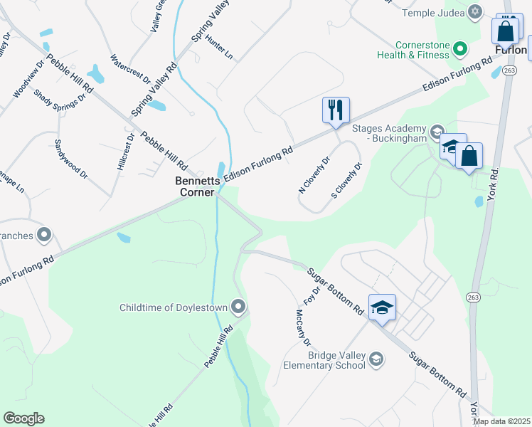 map of restaurants, bars, coffee shops, grocery stores, and more near 2535 Pebble Hill Road in Furlong