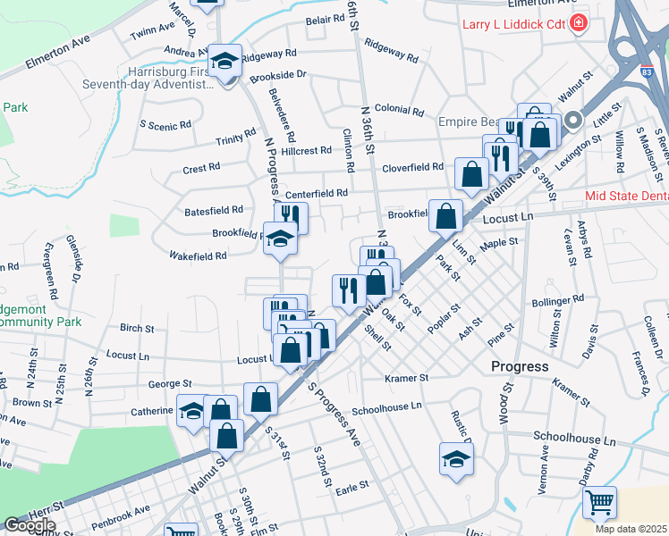 map of restaurants, bars, coffee shops, grocery stores, and more near 109 N 34th St in Harrisburg