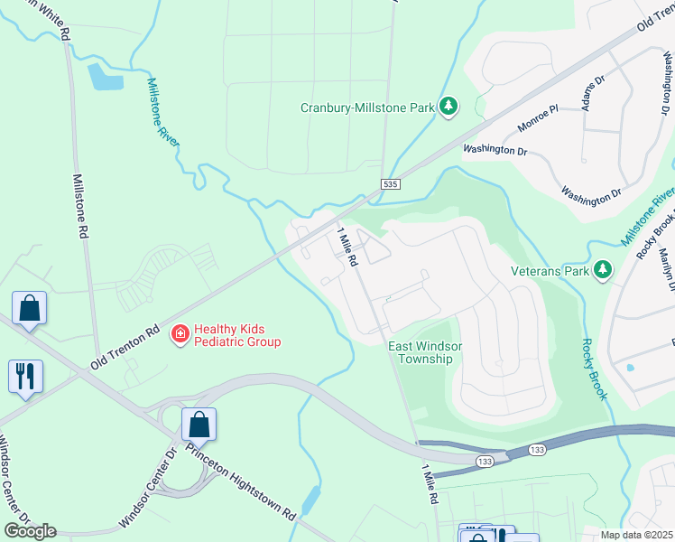 map of restaurants, bars, coffee shops, grocery stores, and more near 1832 Old Stone Mill Drive in East Windsor