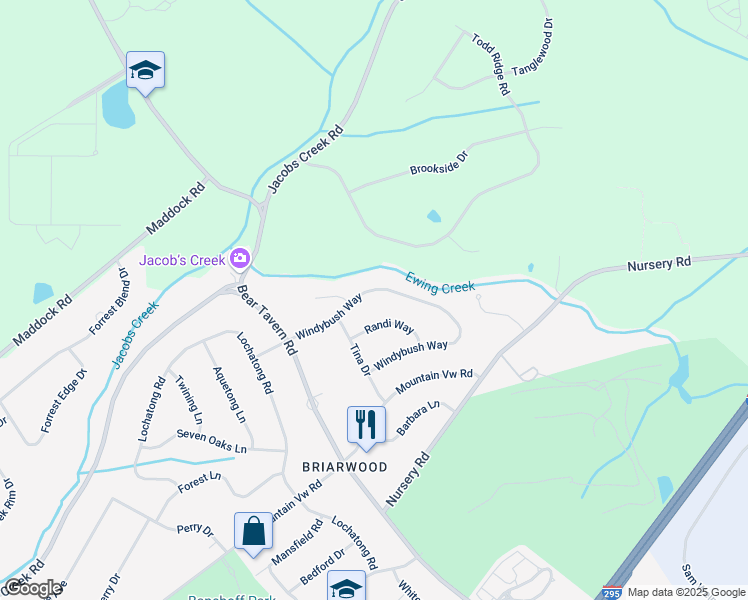 map of restaurants, bars, coffee shops, grocery stores, and more near 23 Windybush Way in Ewing Township