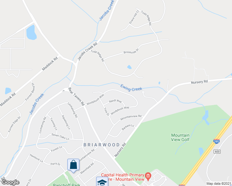 map of restaurants, bars, coffee shops, grocery stores, and more near 23 Windybush Way in Ewing Township