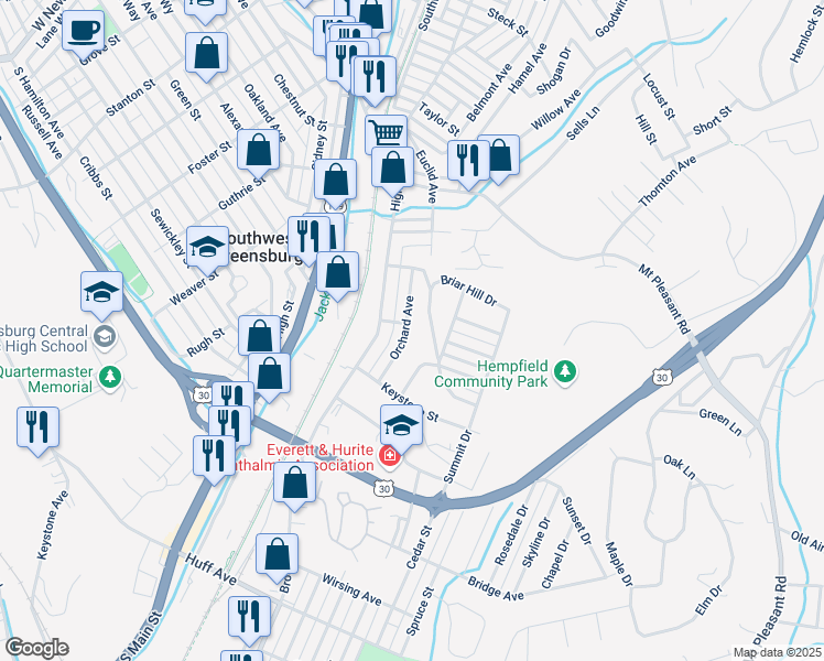 map of restaurants, bars, coffee shops, grocery stores, and more near 1001 Orchard Avenue in Greensburg
