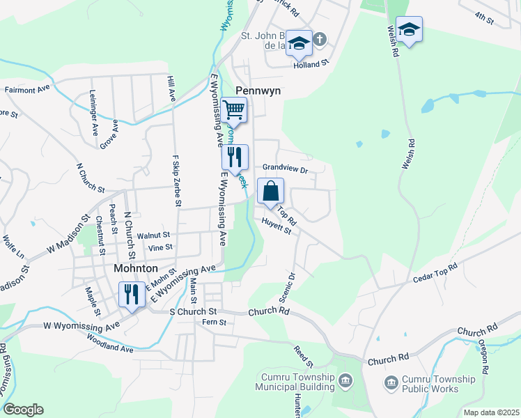 map of restaurants, bars, coffee shops, grocery stores, and more near 140 Broad Street in Mohnton