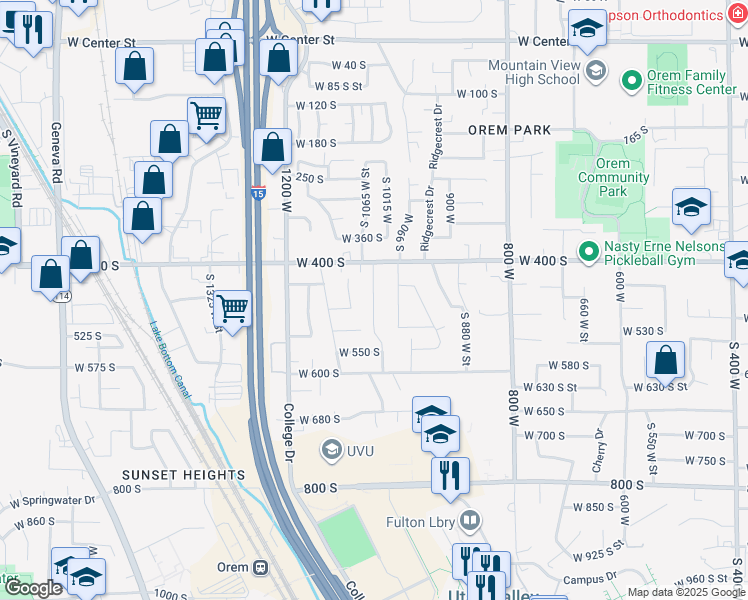 map of restaurants, bars, coffee shops, grocery stores, and more near 498 South 1045 West Street in Orem