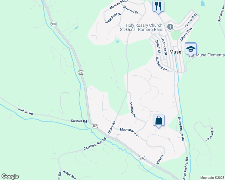 map of restaurants, bars, coffee shops, grocery stores, and more near 703 Mission Hills Drive in Canonsburg