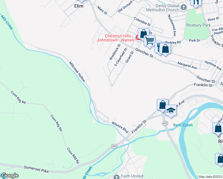 map of restaurants, bars, coffee shops, grocery stores, and more near 599 Girard Street in Johnstown