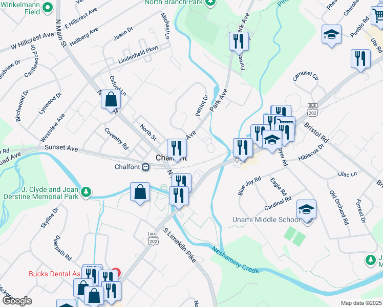 map of restaurants, bars, coffee shops, grocery stores, and more near 26 Park Avenue in Chalfont