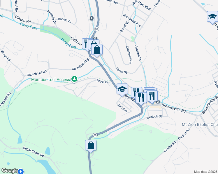 map of restaurants, bars, coffee shops, grocery stores, and more near 6404 Library Road in South Park Township