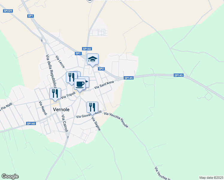 map of restaurants, bars, coffee shops, grocery stores, and more near 16 Via Torino in Vernole