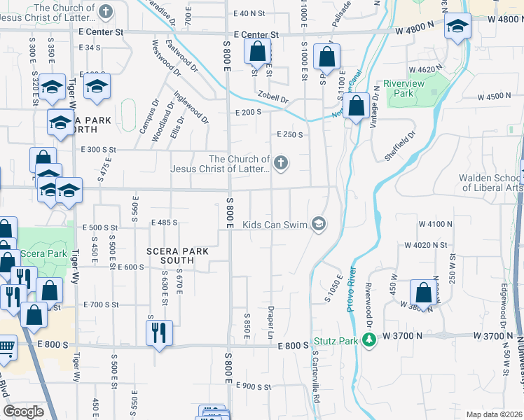 map of restaurants, bars, coffee shops, grocery stores, and more near 465 South 850 East in Orem