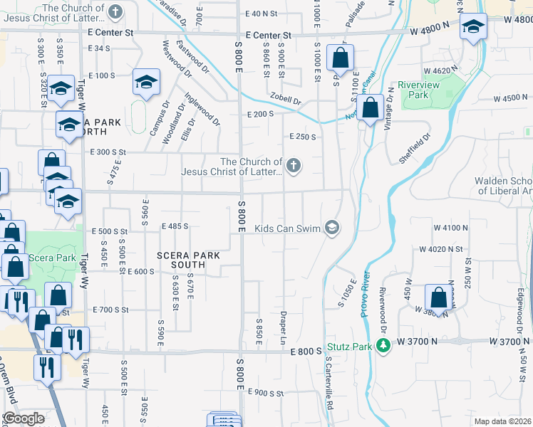 map of restaurants, bars, coffee shops, grocery stores, and more near 465 South 850 East in Orem