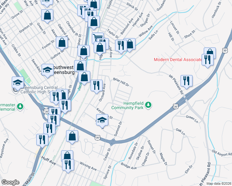 map of restaurants, bars, coffee shops, grocery stores, and more near 79945 Grandview Avenue in Greensburg