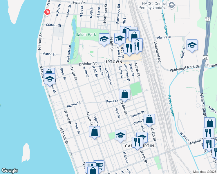map of restaurants, bars, coffee shops, grocery stores, and more near 2616 Reel Street in Harrisburg