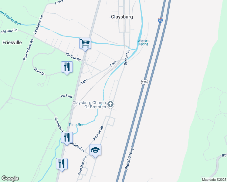 map of restaurants, bars, coffee shops, grocery stores, and more near 505 Bedford Street in Claysburg
